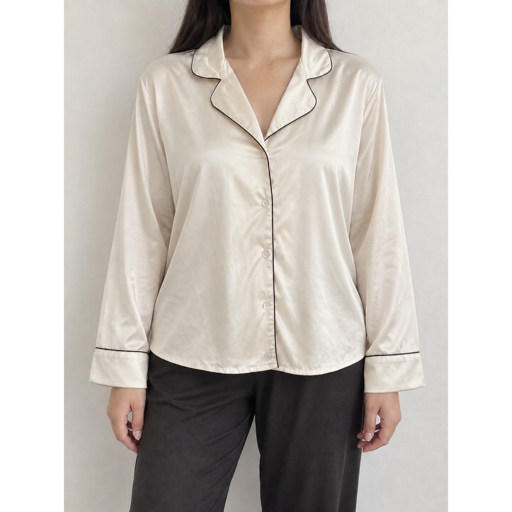 Express Pajama Top Womens Small Ivory Excellent Satin Button Down Piping